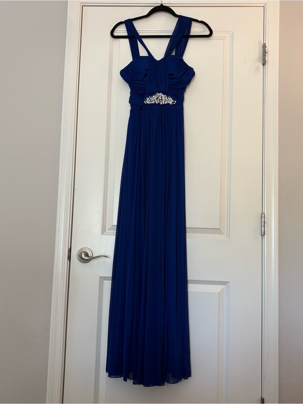 B Darlin Women’s Royal Blue Chiffon with Beaded Waist Maxi Dress